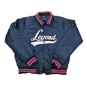 Men’s legend, black red satin thrashed, varsity bomber jacket forever 21 large